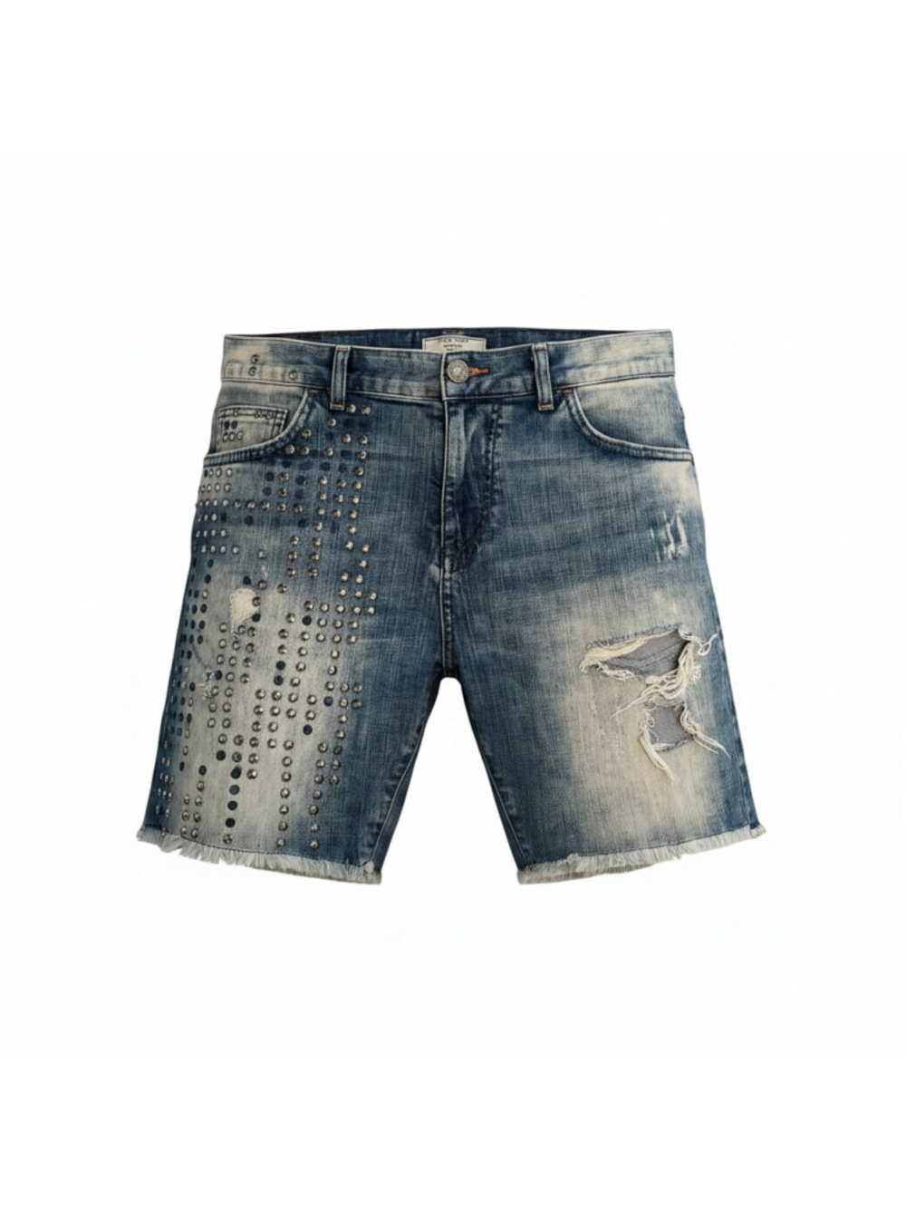 Men's Zara Denim Couture Jean Shorts Waist 34 Blue Silver Studded Distressed